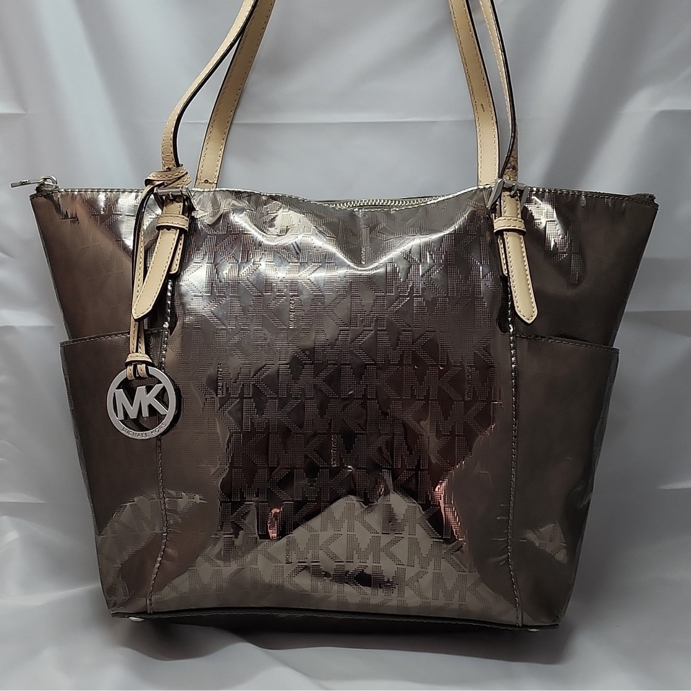 MICHAEL KORS Jet Set Logo Nickel Metallic Patent Leather Tote Bag Purse